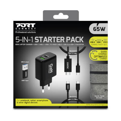 Alimentation USB GaN USB A + USB C 65W avec câbles